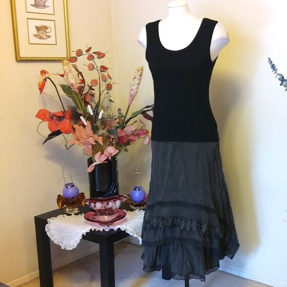 NWT Women Olive Green 3-Layers of Tiered Ruffle Lace Design Midi Skirts L 12 - Picture 15 of 15